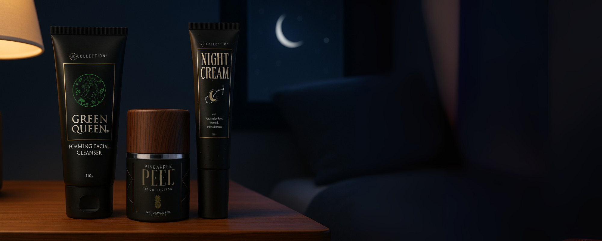 Three skincare products on a wooden surface with a dark background