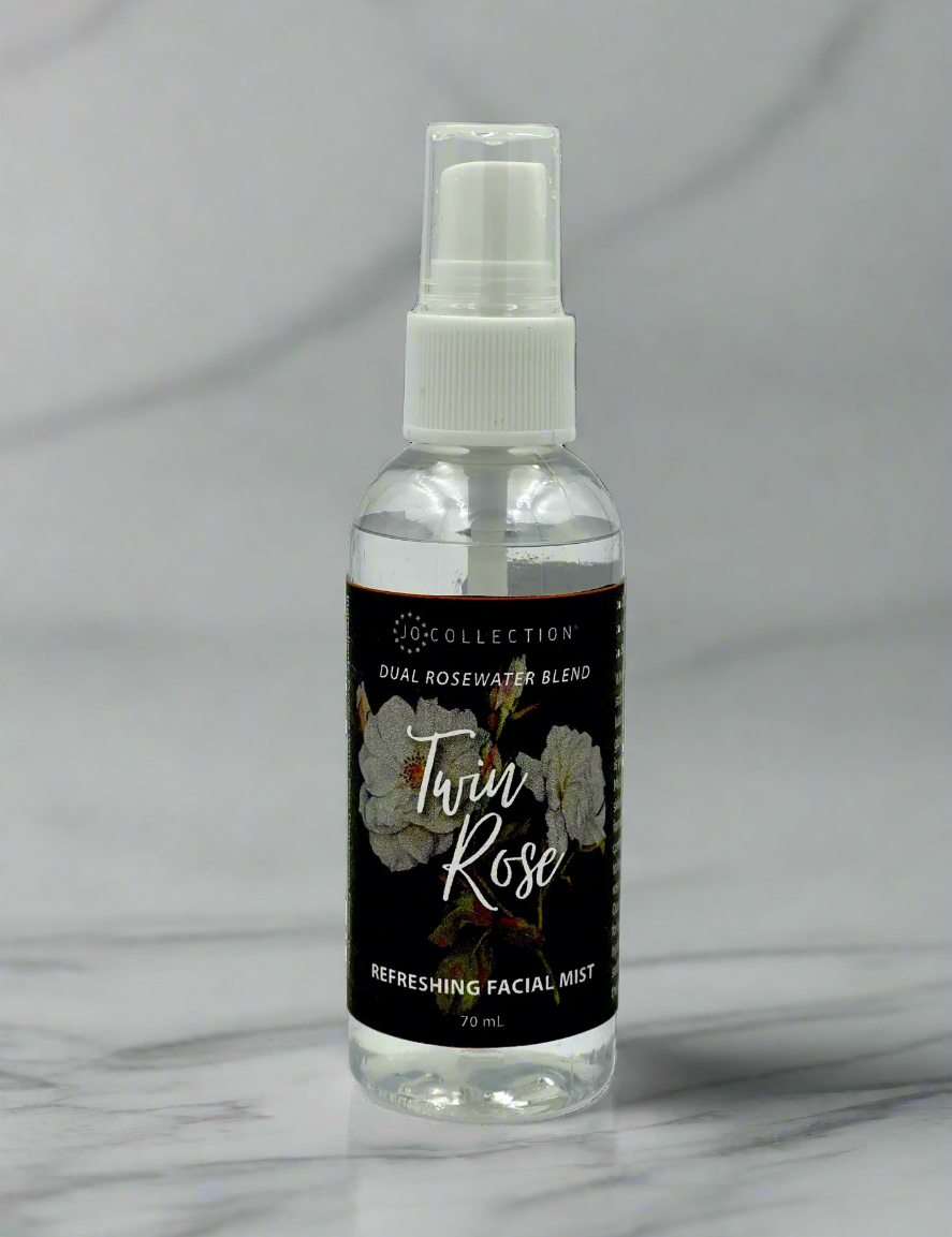 Rosewater facial mist called twin rose by jo collection on marble counter