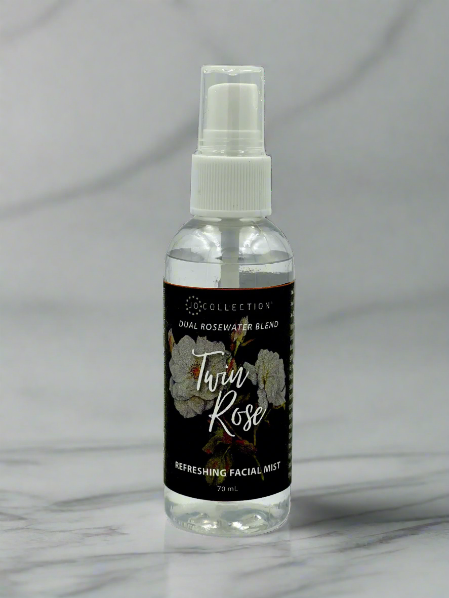 Rosewater facial mist called twin rose by jo collection on marble counter