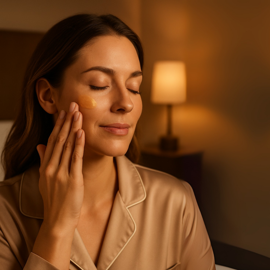 Woman applying cream to her face in a warm, dimly lit room.