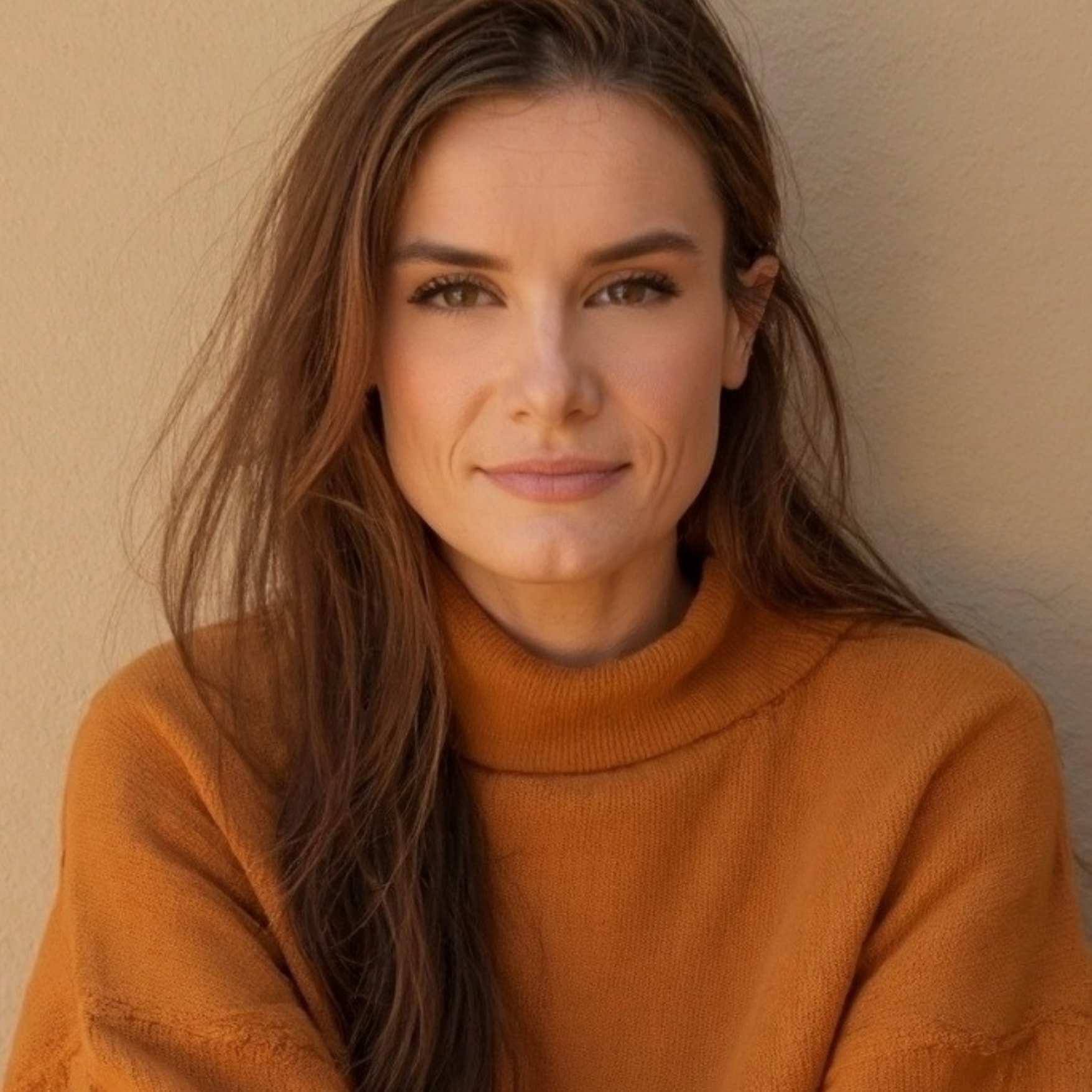 Leah Ward Jo Collection founder wearing a brown sweater against a beige wall