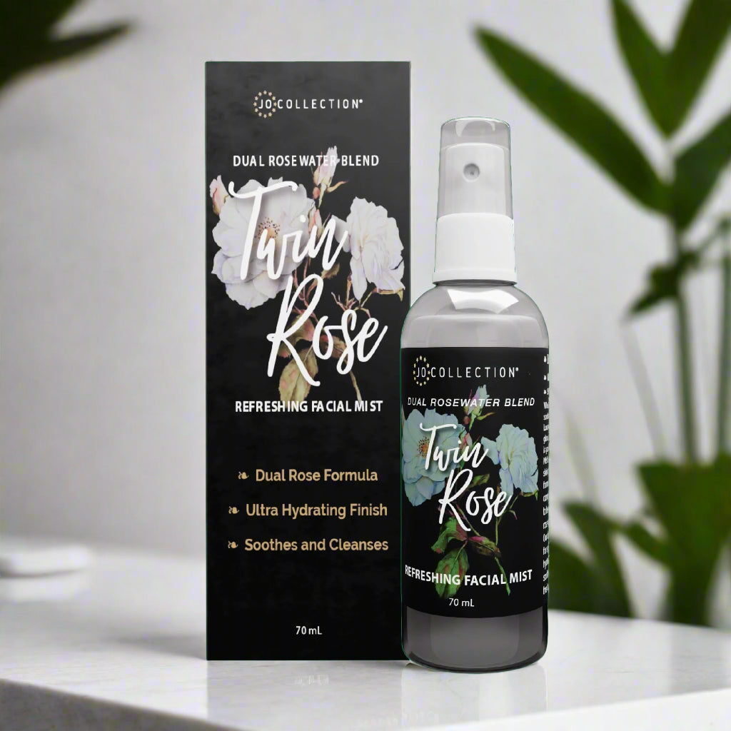 Twin Rose refreshing facial mist bottle and packaging on a white background