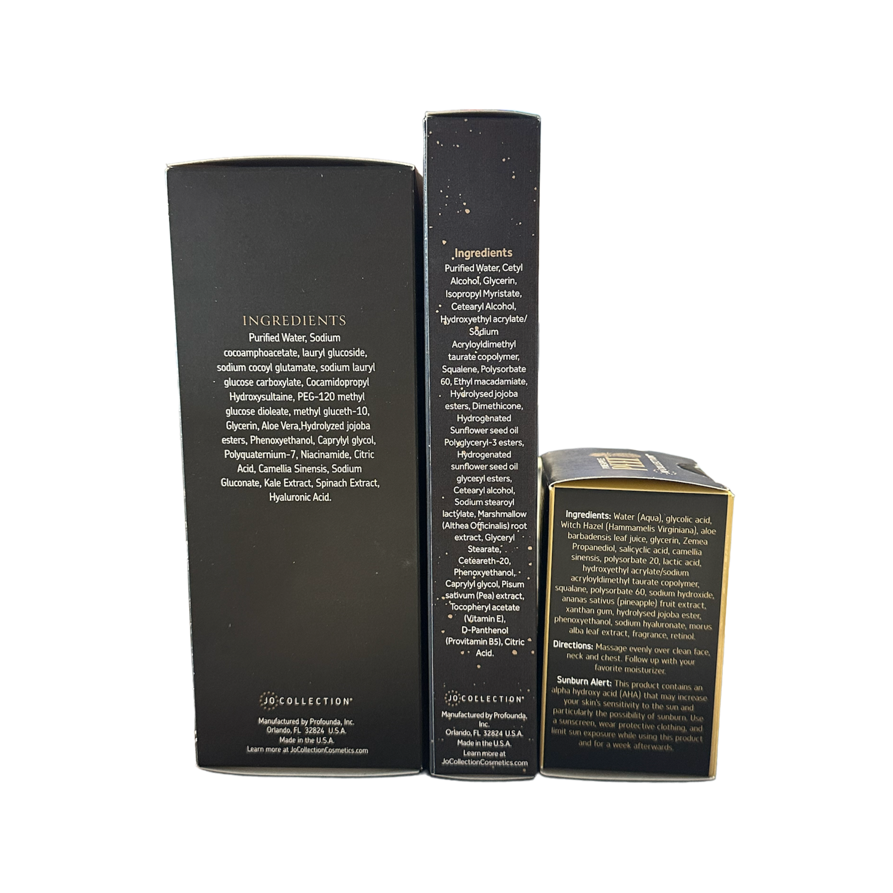 Shows the sides of three Jo Collection night time skincare products side of boxes listing ingredients