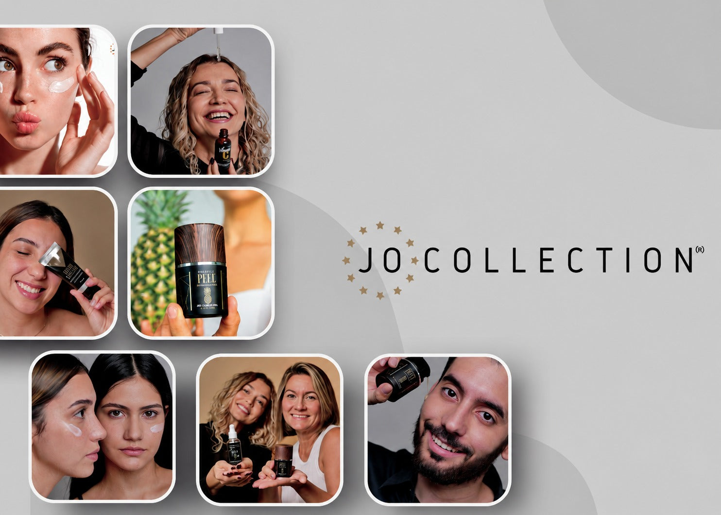 Jo Collection skincare products featured with diverse models using and holding facial care products.