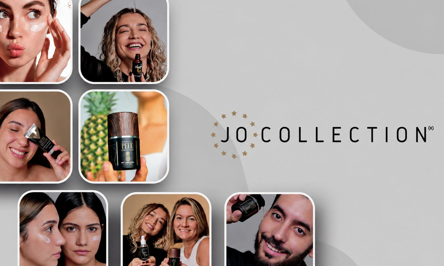 Jo Collection skincare products featured with diverse models using and holding facial care products.