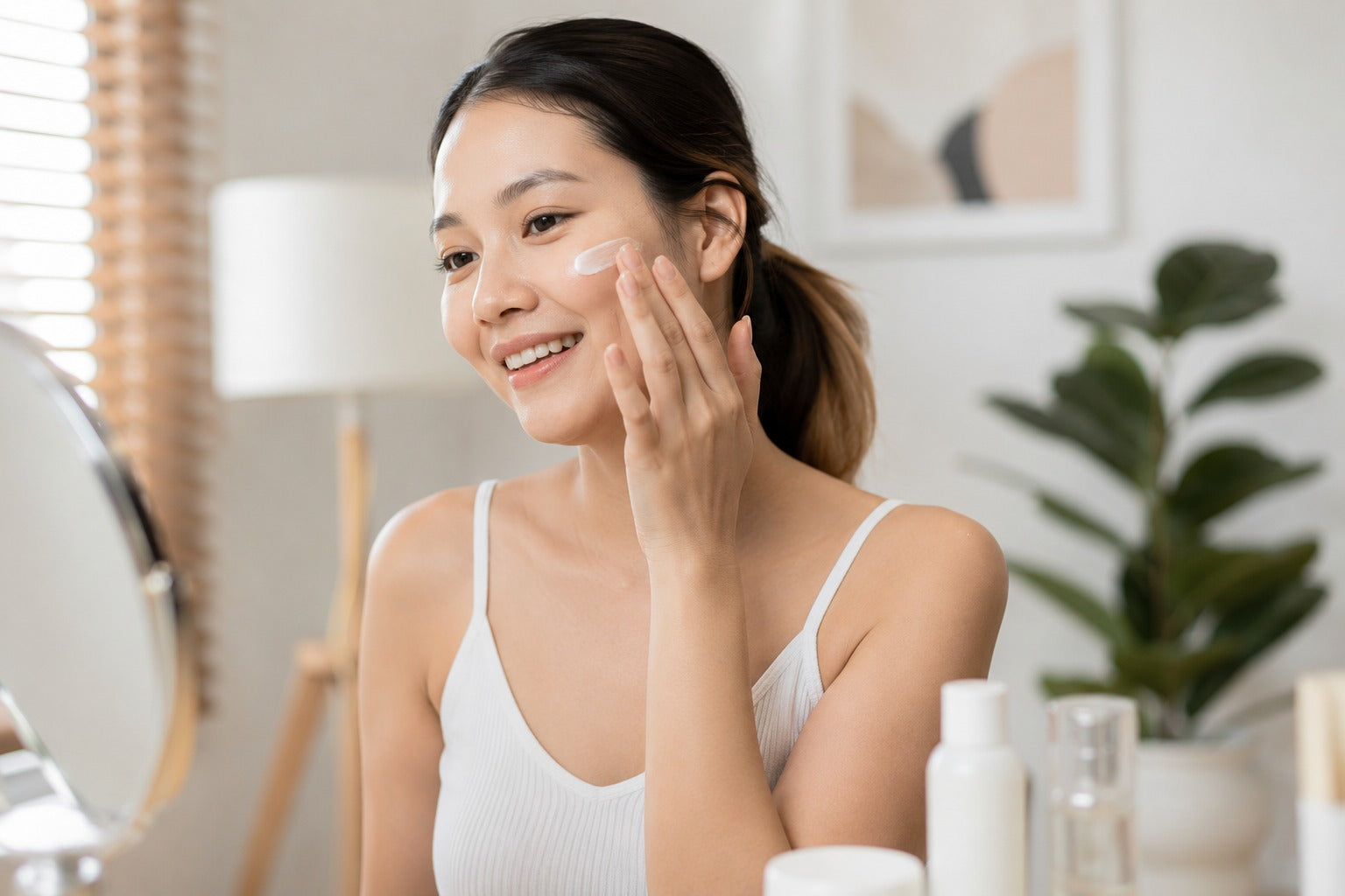 Woman applying skincare cream to her face as part of a daily skincare routine at home.