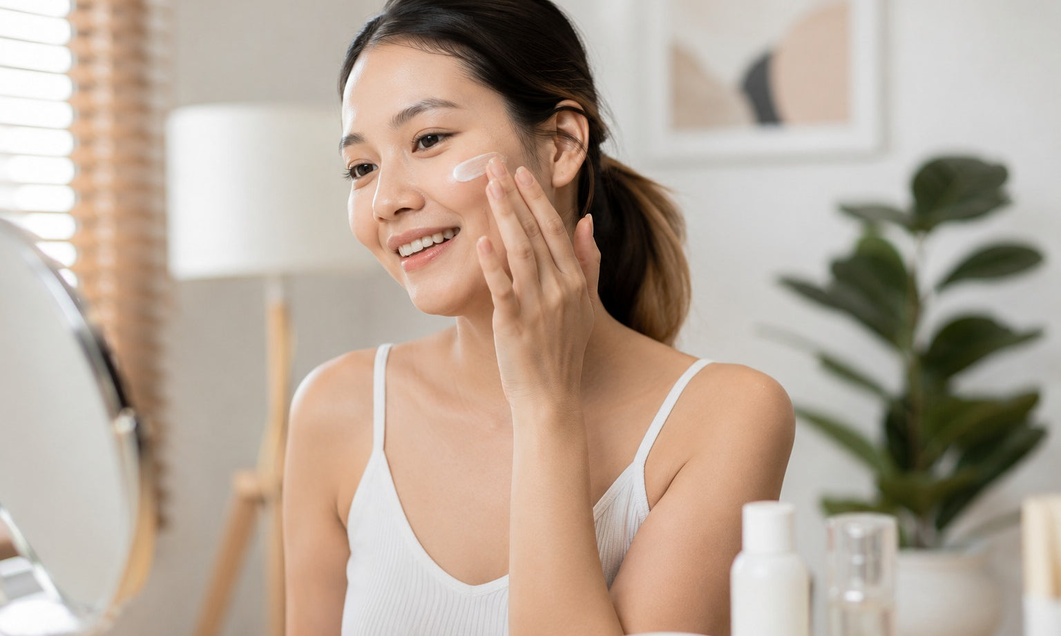 Woman applying skincare cream to her face as part of a daily skincare routine at home.