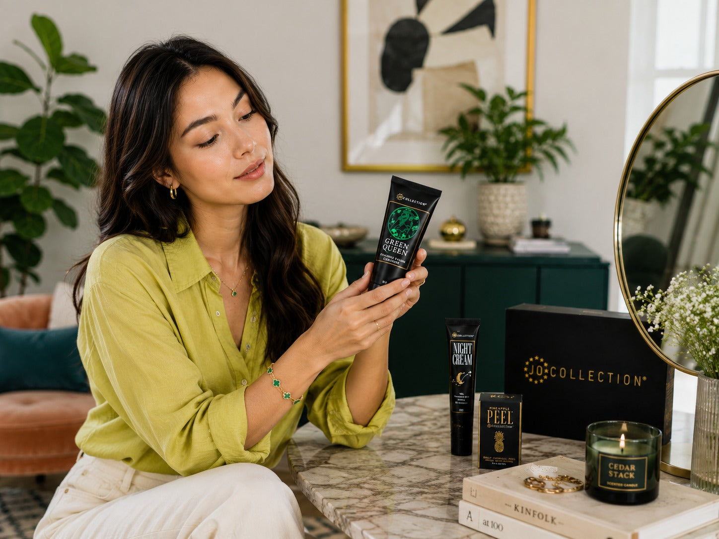 Woman reviewing facial cleanser during a simple skin care routine