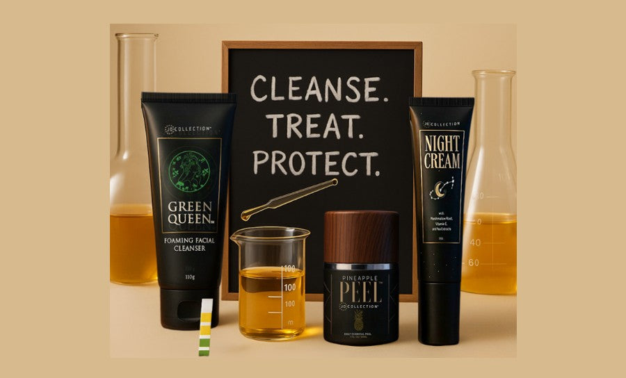 Jo Collection Green Queen Foaming Facial Cleanser, Pineapple Peel and Night Cream products displayed with Cleanse Treat Protect text