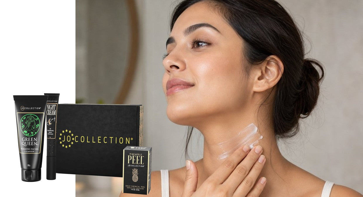 A woman applying AHA Exfoliator to her neck.
