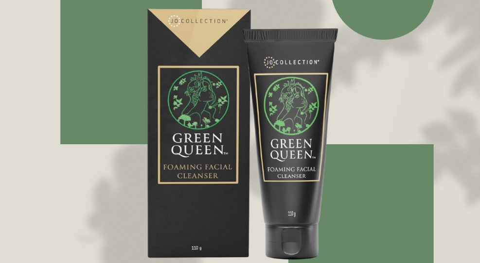 Jo Collection Green Queen Foaming Facial Cleanser tube and box packaging against a green and cream background