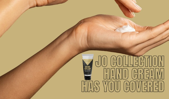 Two hands with Jo Collection Hand Cream tube