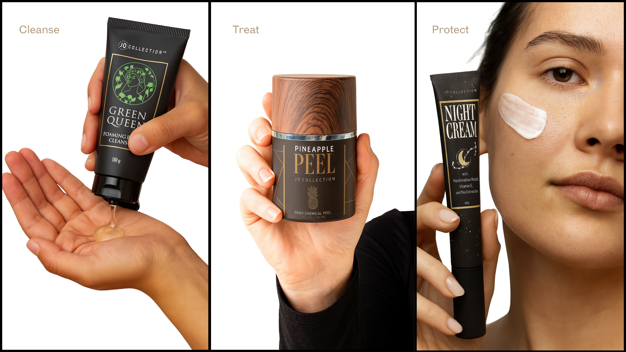 Three panels showing skincare products and a person applying cream. cleanse treat protect