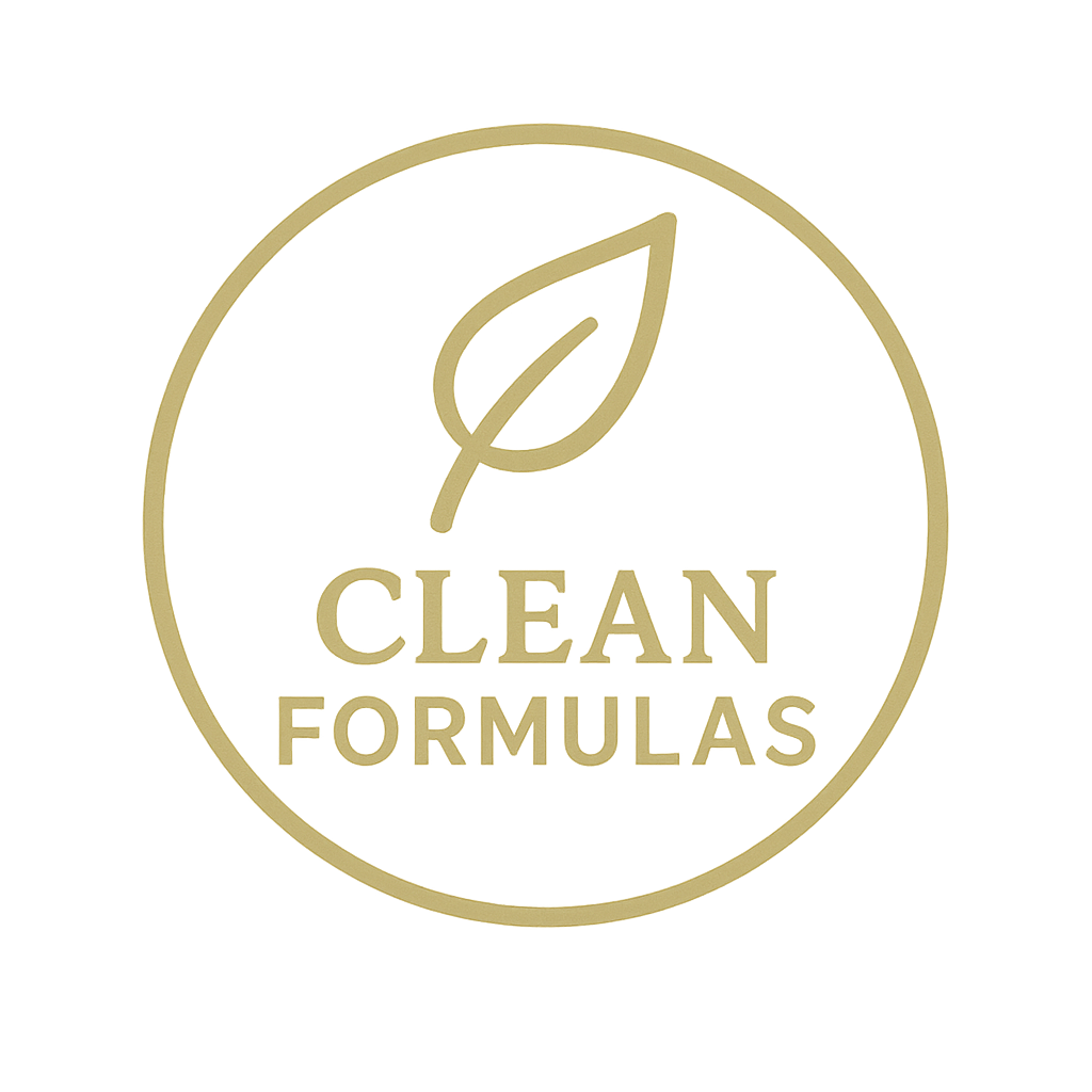 Logo with a leaf and 'Clean Formulas' text on a white background
