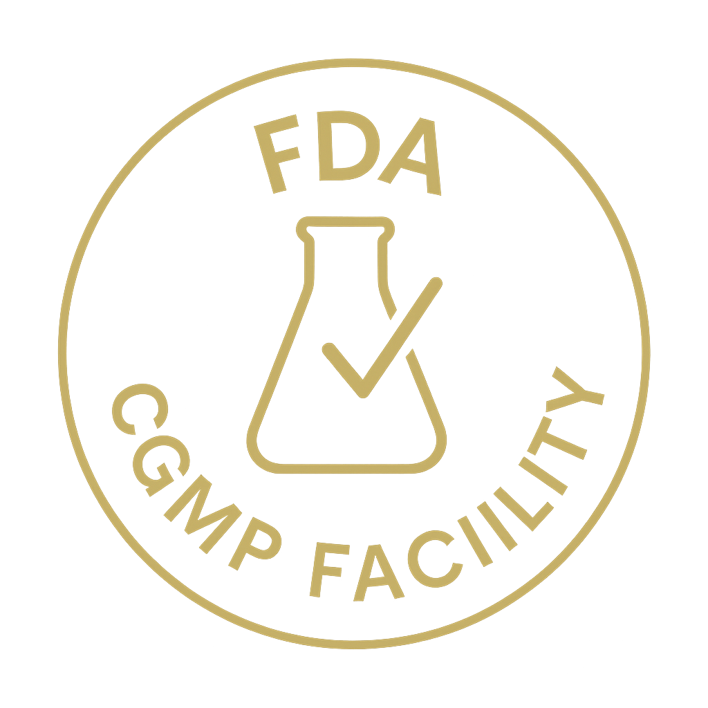 Gold FDA CGMP Facility logo on a white background