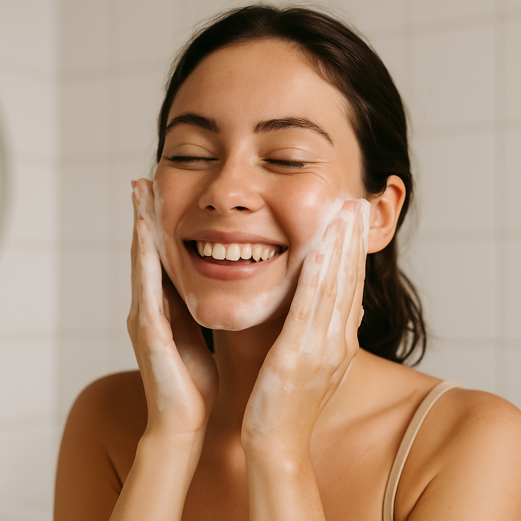 Girl washing face Gentle foaming cleanser Green queen