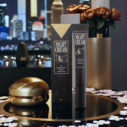 Jo Collection Night cream with marshmallow root on table with city background