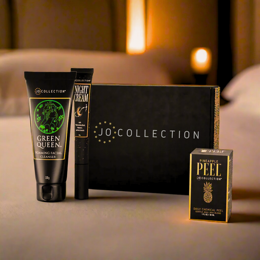 JO Collection skincare products including 'Green Queen facial cleanser' 'night cream' and aha bha 'Pineapple Peel' on a neutral background.