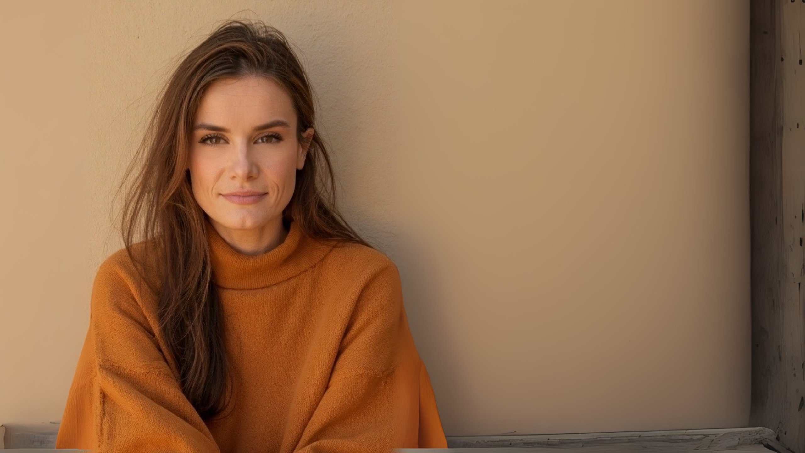 Leah Ward Jo Collection Founder wearing a brown sweater against a beige wall