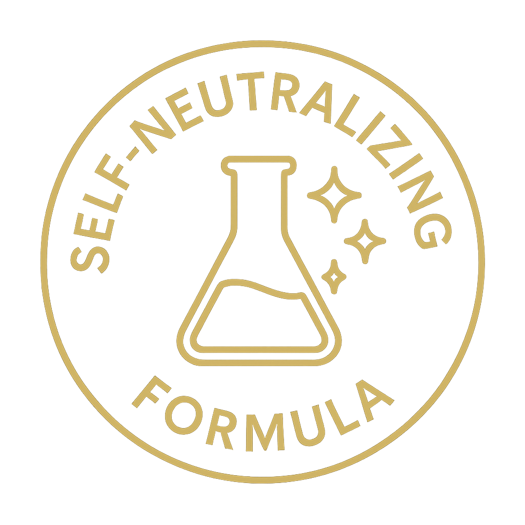 Gold circular logo with a beaker icon and text 'Self-Neutralizing Formula' on a white background