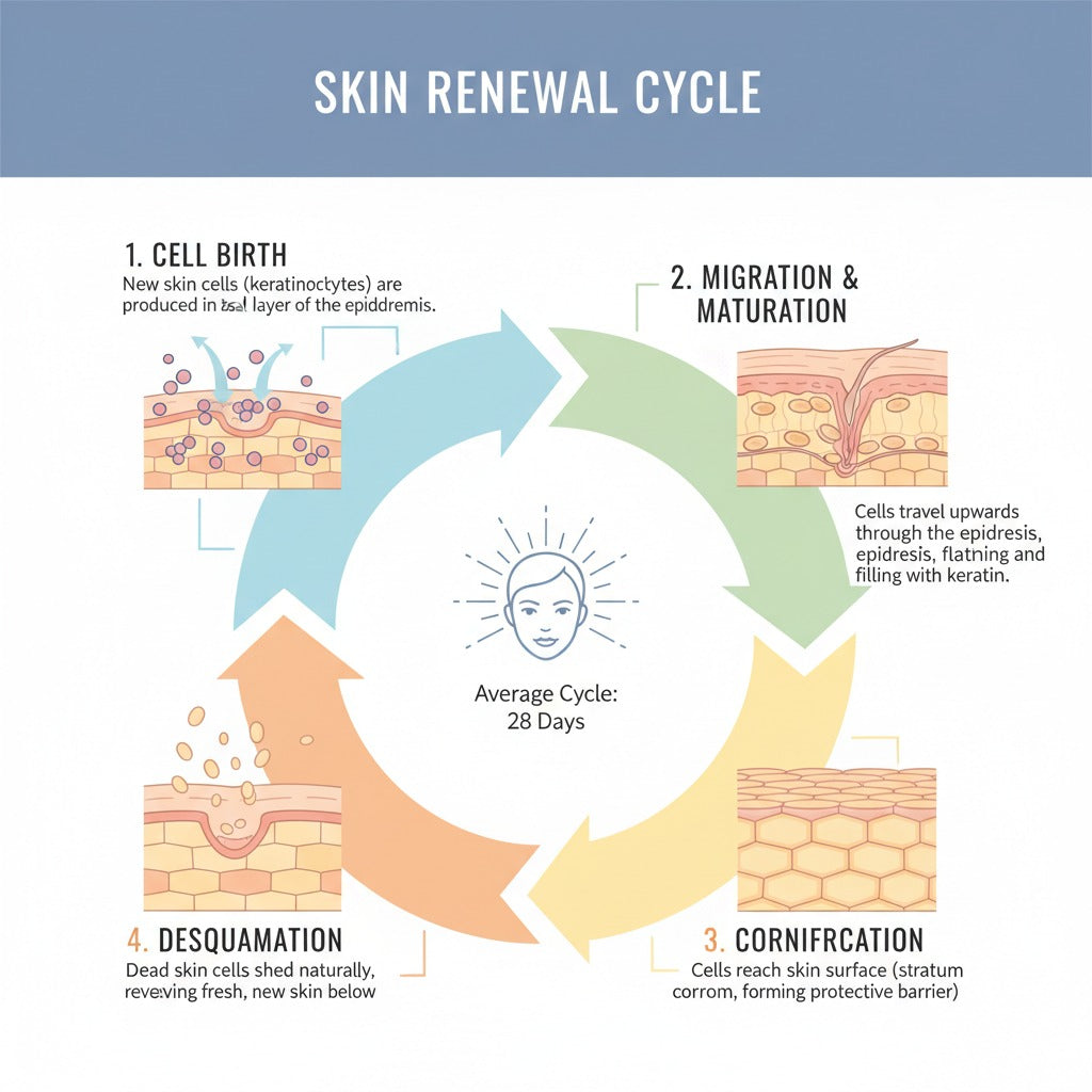 Diagram of the skin renewal cycle with labeled stages on a white background.