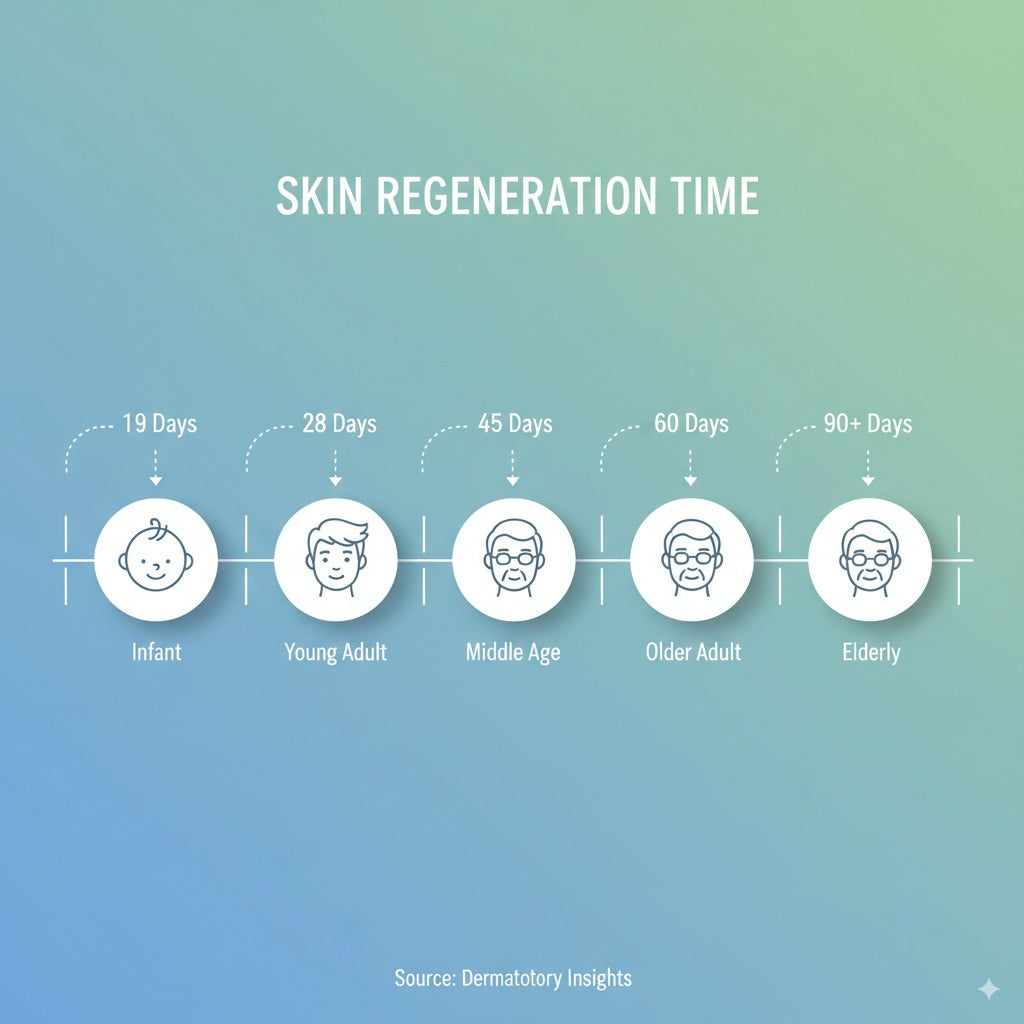 Diagram showing skin regeneration time from infancy to elderly on a gradient blue background.
