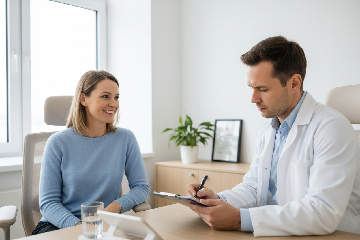 woman smiling sitting across from what appears to be doctor with notepad taking survey answers