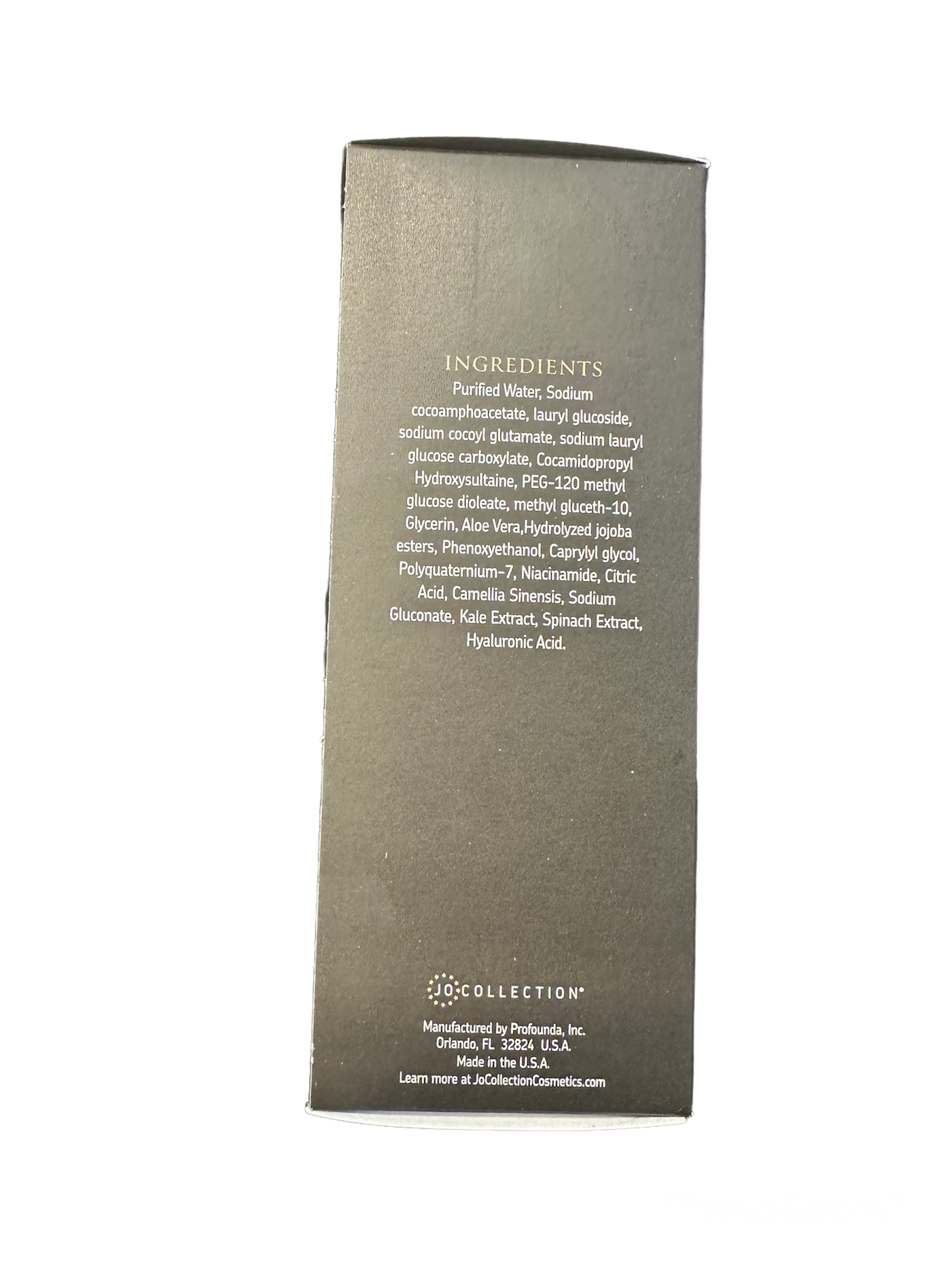 Shows side of Jo Collections Green Queen Cleanser box listing ingredients