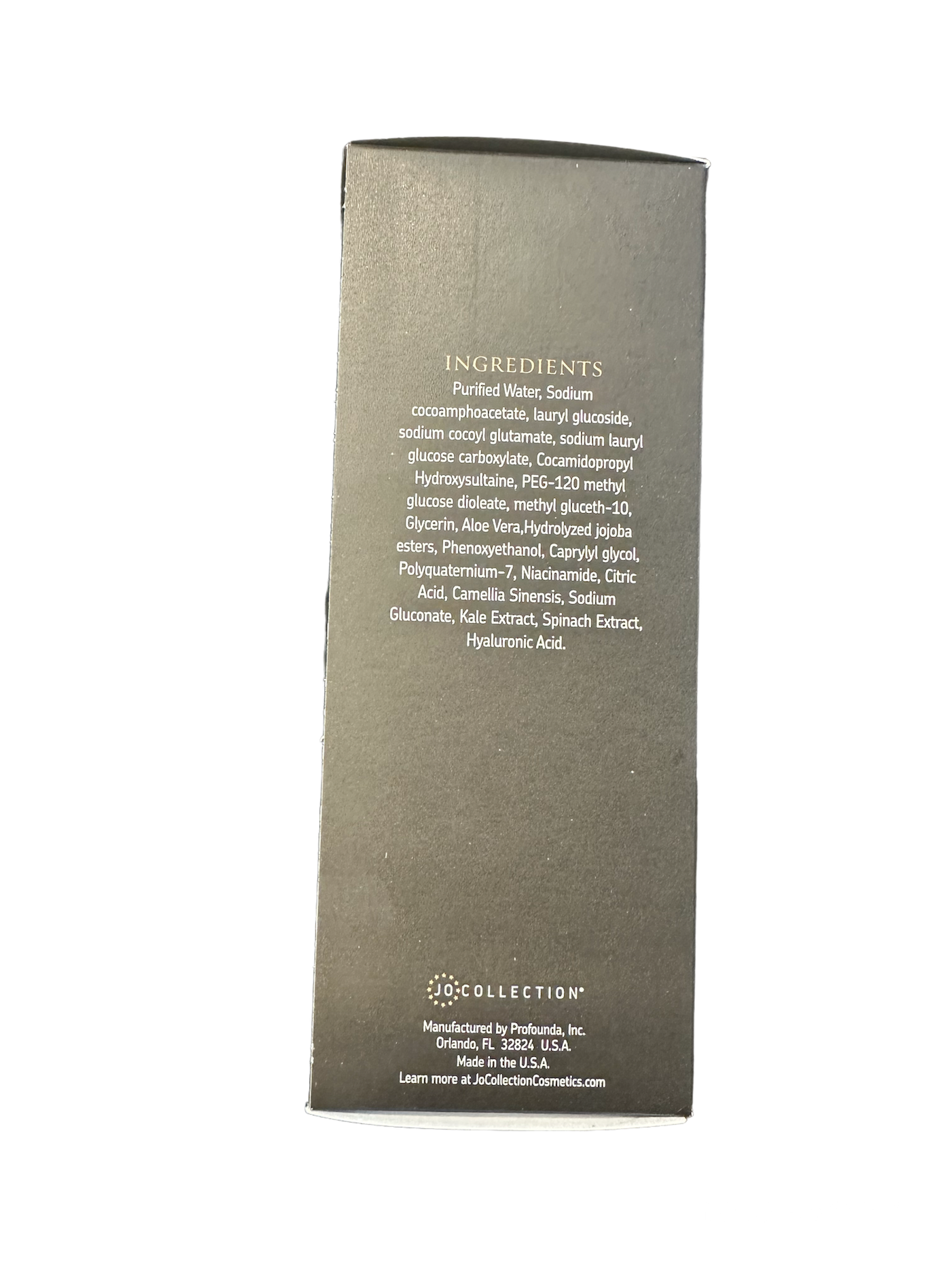 Shows side of Jo Collections Green Queen Cleanser box listing ingredients
