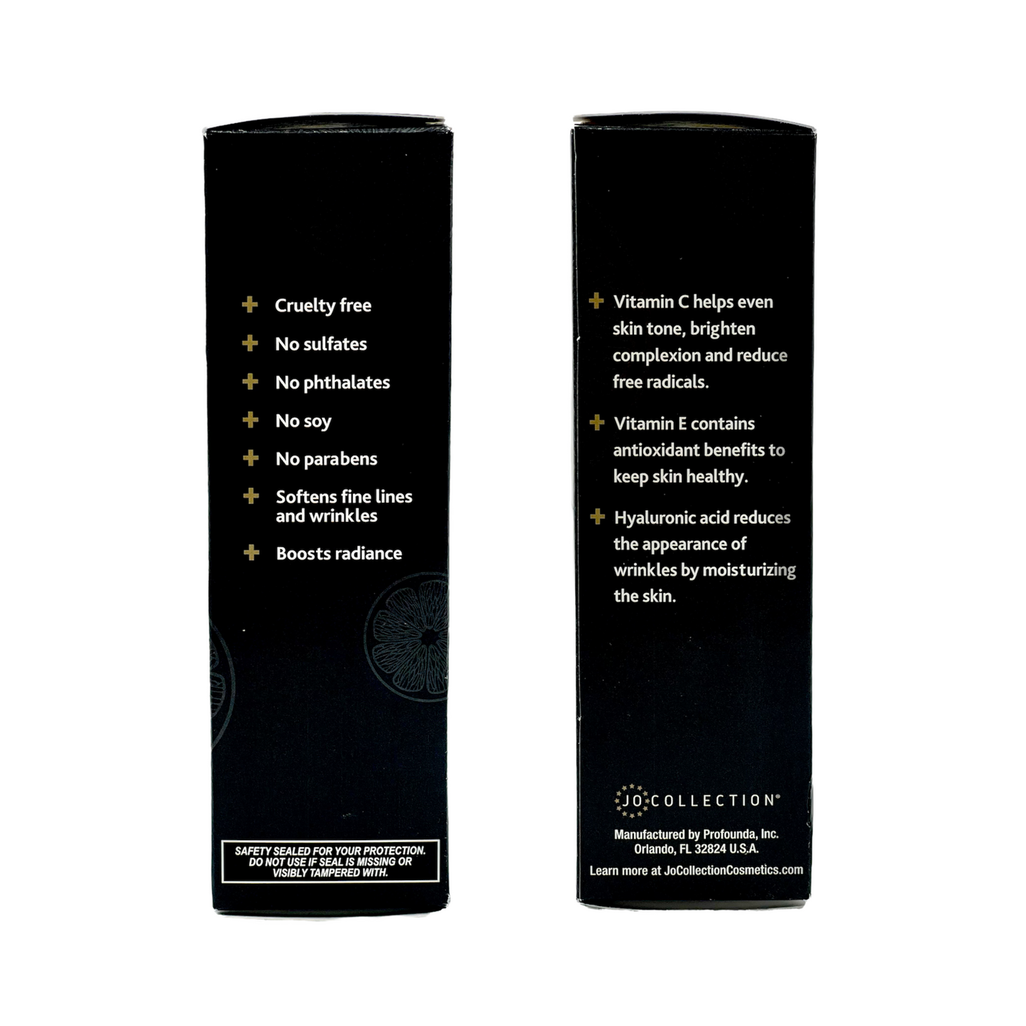Two sides of the Jo Collections Vitamin C serum box 