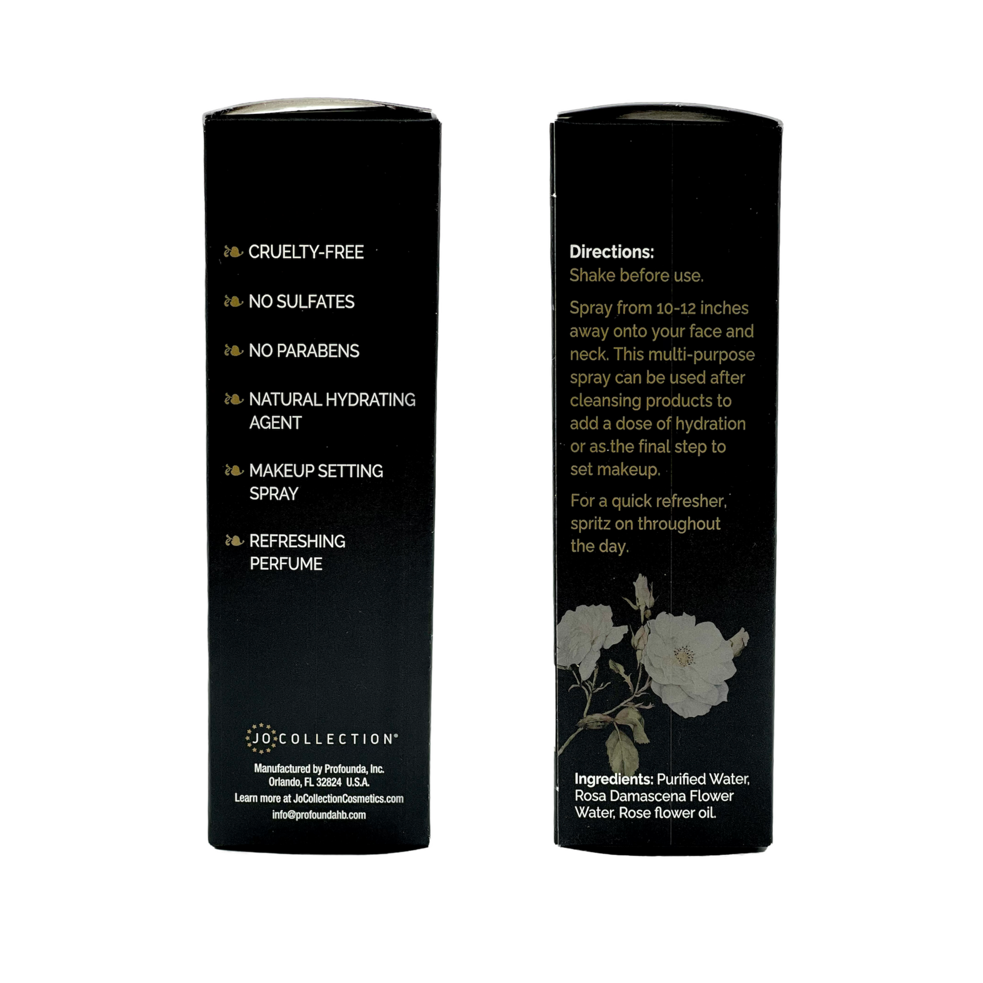 Two sides of the Jo Collection Twin Rose rosewater facial mist box