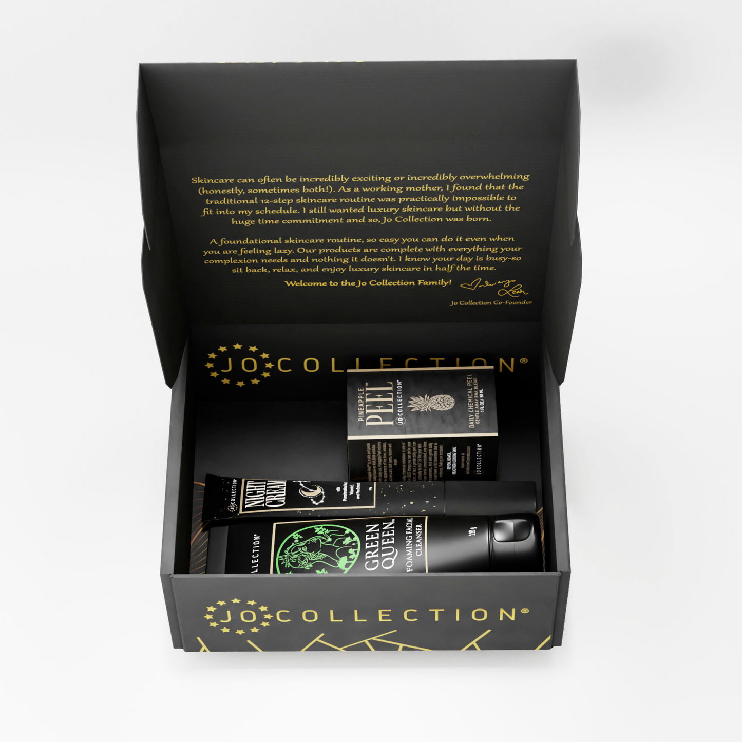 Open Jo Collection box showing Pineapple Peel Night cream and Green queen gentle foaming cleanser inside