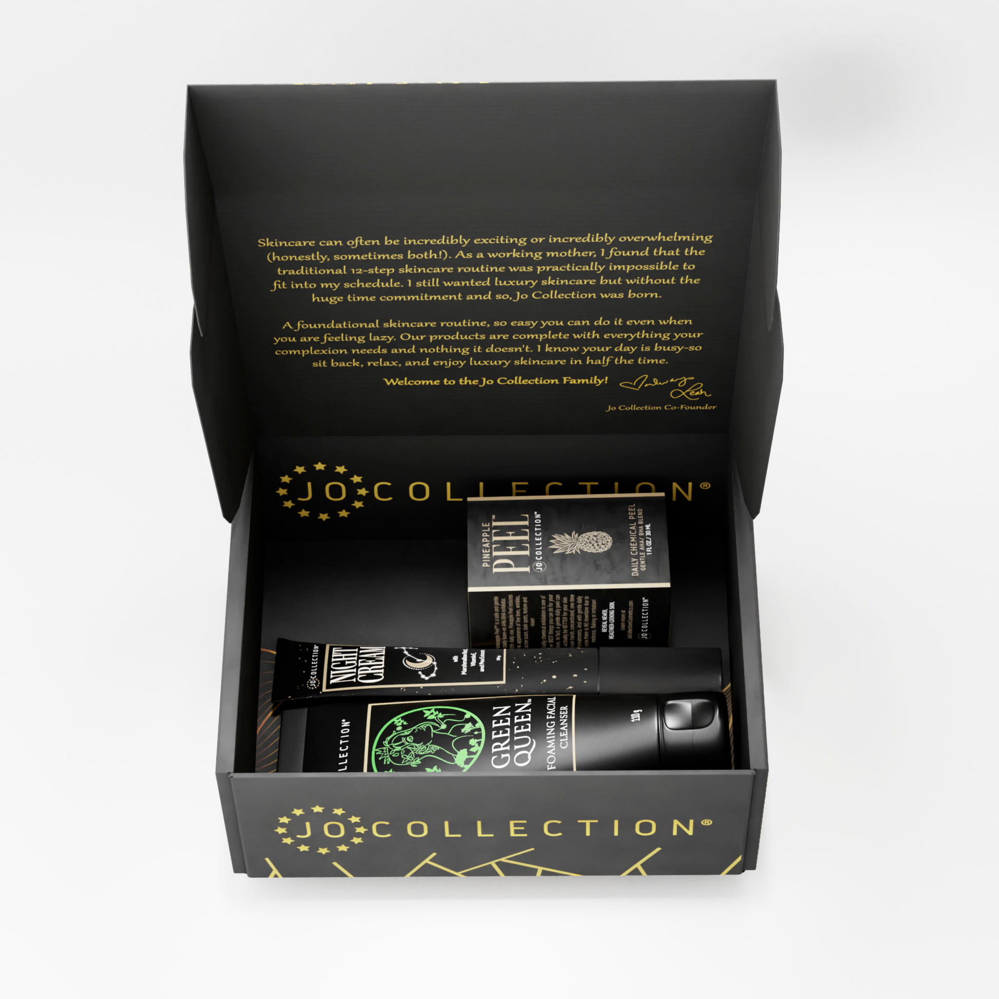 Open Jo Collection box showing Pineapple Peel Night cream and Green queen gentle foaming cleanser inside